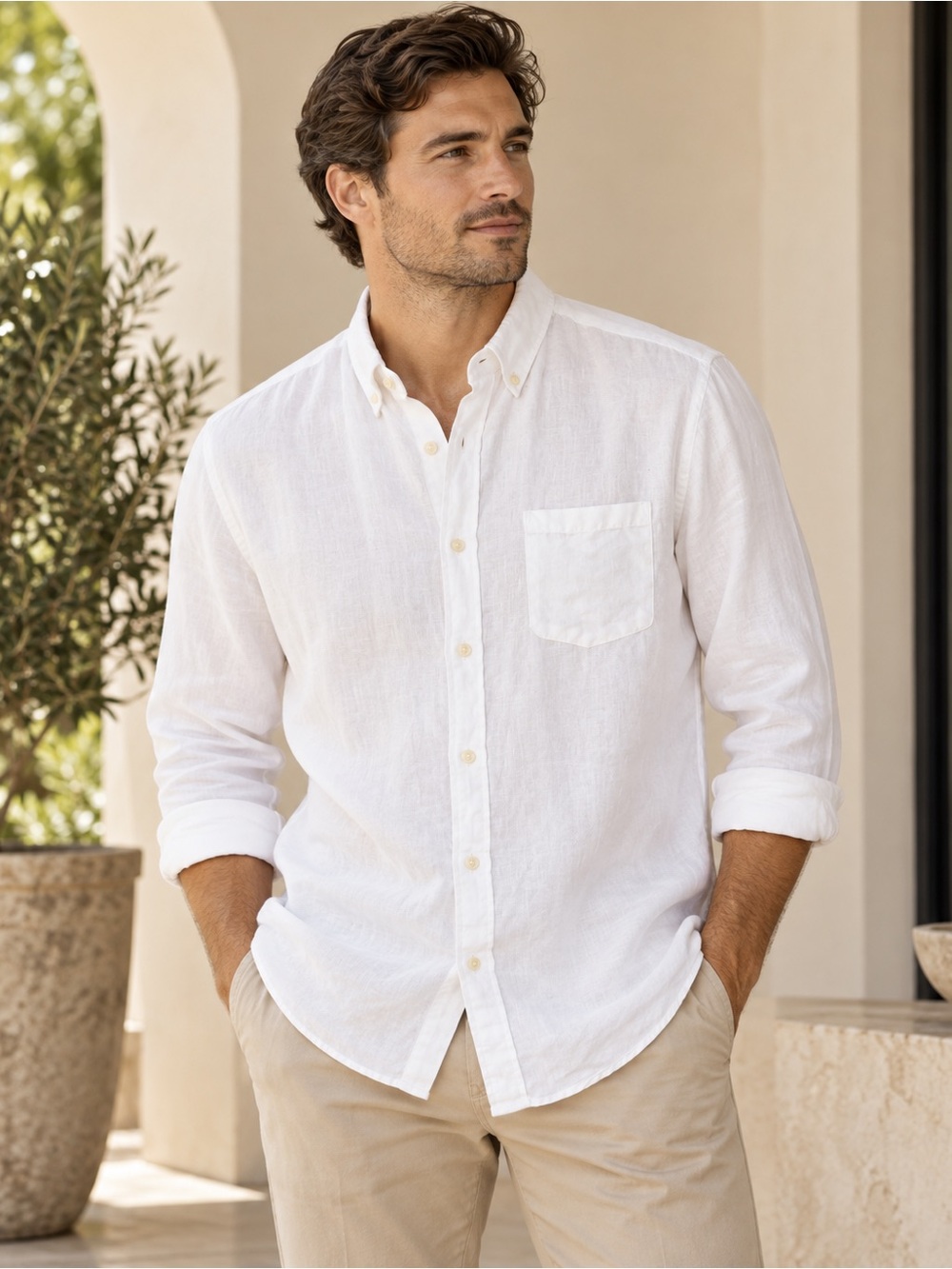Banana Republic Men's White Button-Down Linen Shirt